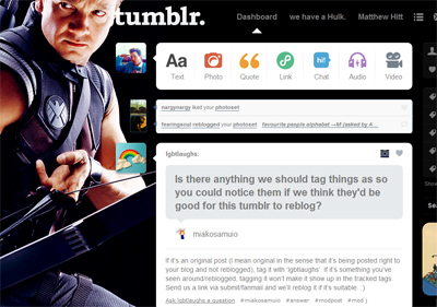 Tumblr dashboard: Hawkeye.