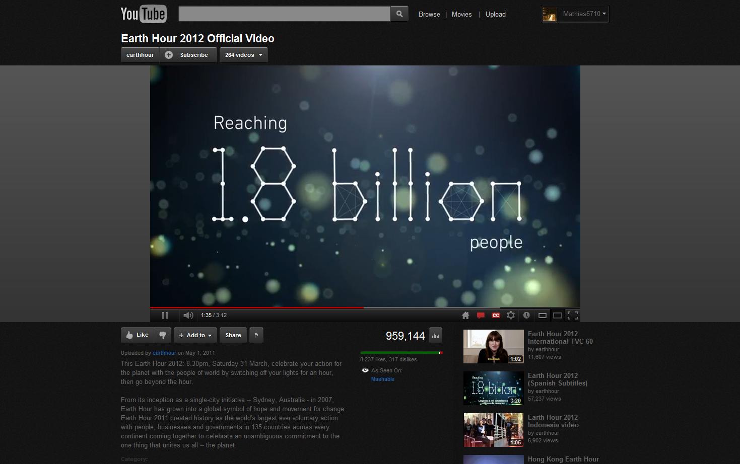 YouTube.com - Earth Hour 2012 - On videos only.