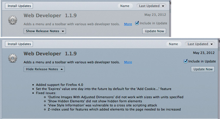 Firefox Addons Manager Release Notes Buttons stay