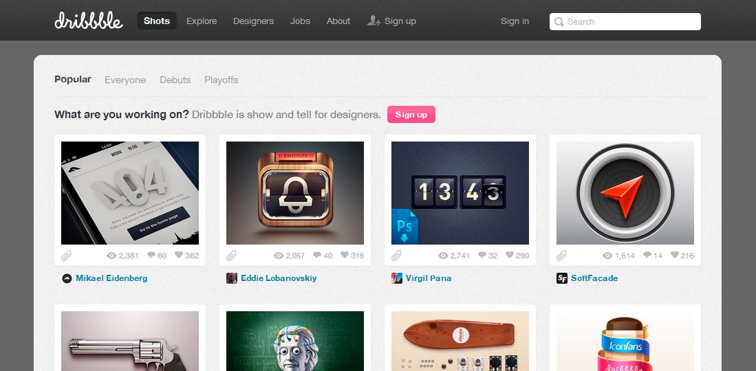 Dribbble : Dark Background + Sticky Header