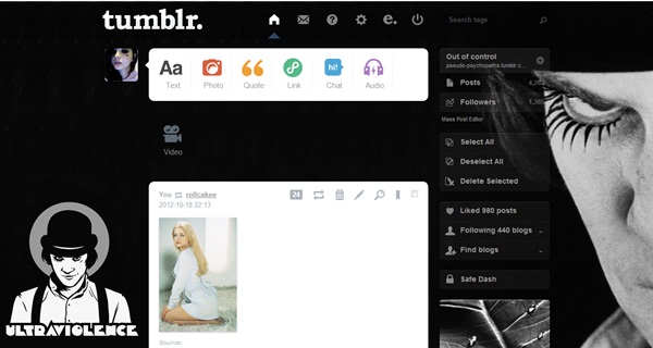 A Clockwork Orange tumblr dashboard