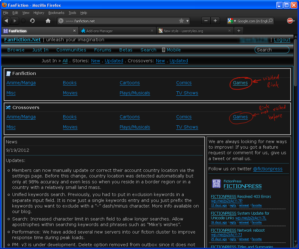 Fanfiction.net in DeepDark style