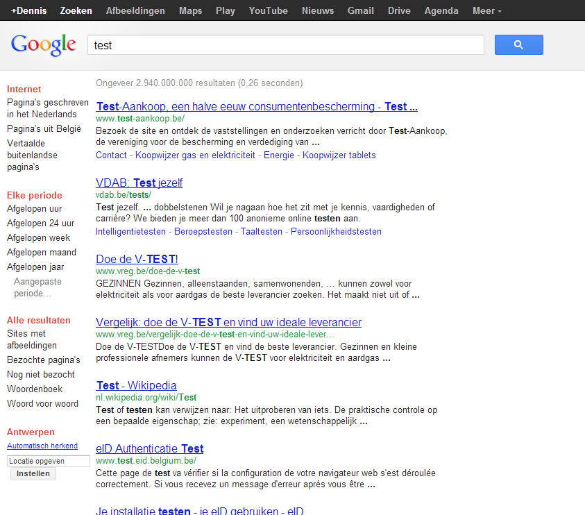 Google Search options/filters to the left