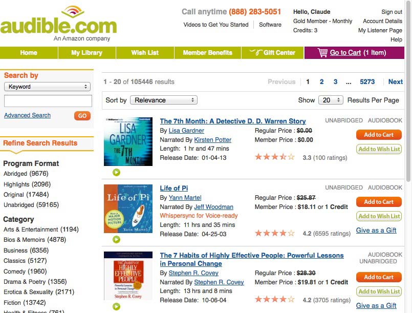 audible.com - compact listings