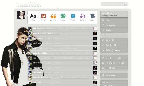 justin bieber theme dashboard tumblr (special)