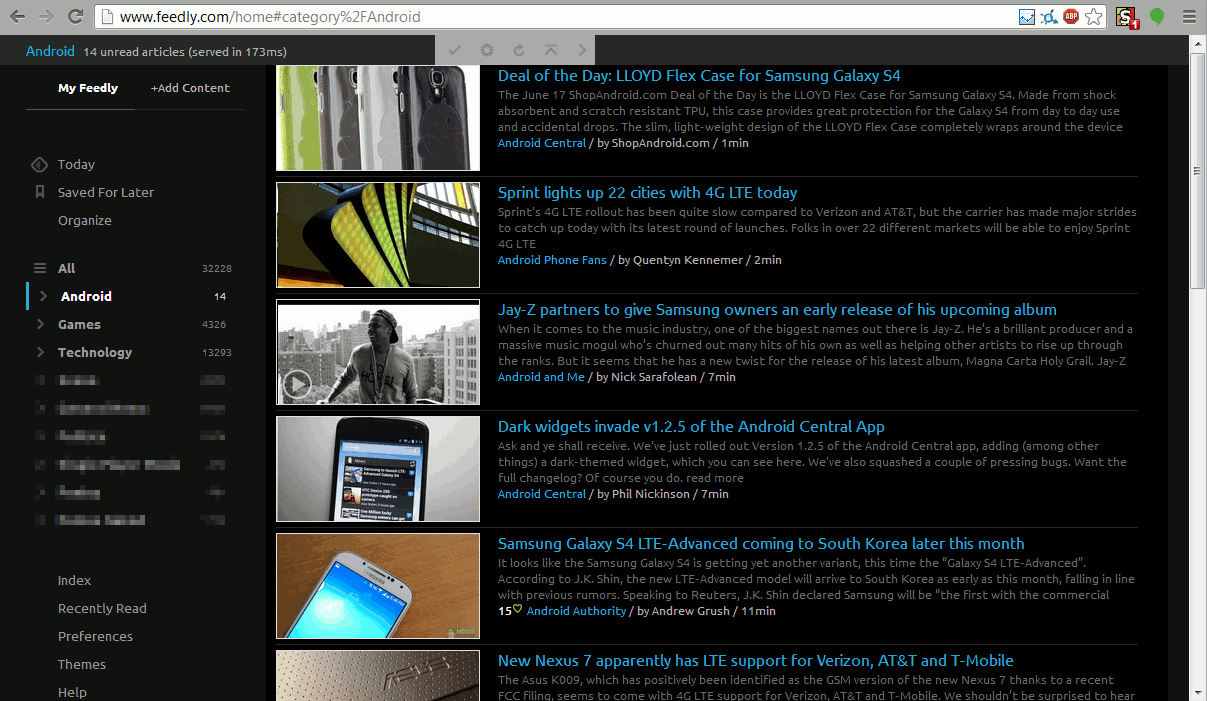 Feedly - Android Holo / Gmail Dark Theme