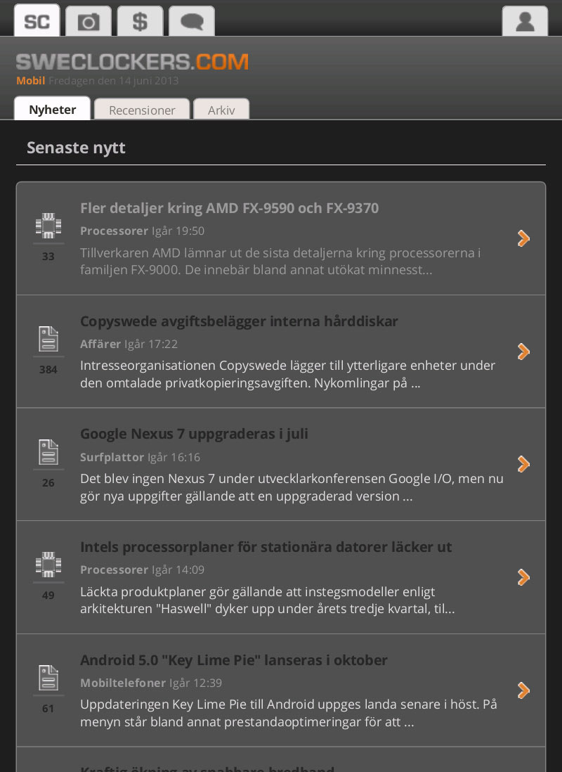 Mörkt tema för mobil versionen av SweClockers.com