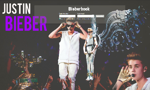 Facebook login - Justin Bieber (Bieberbook logo)