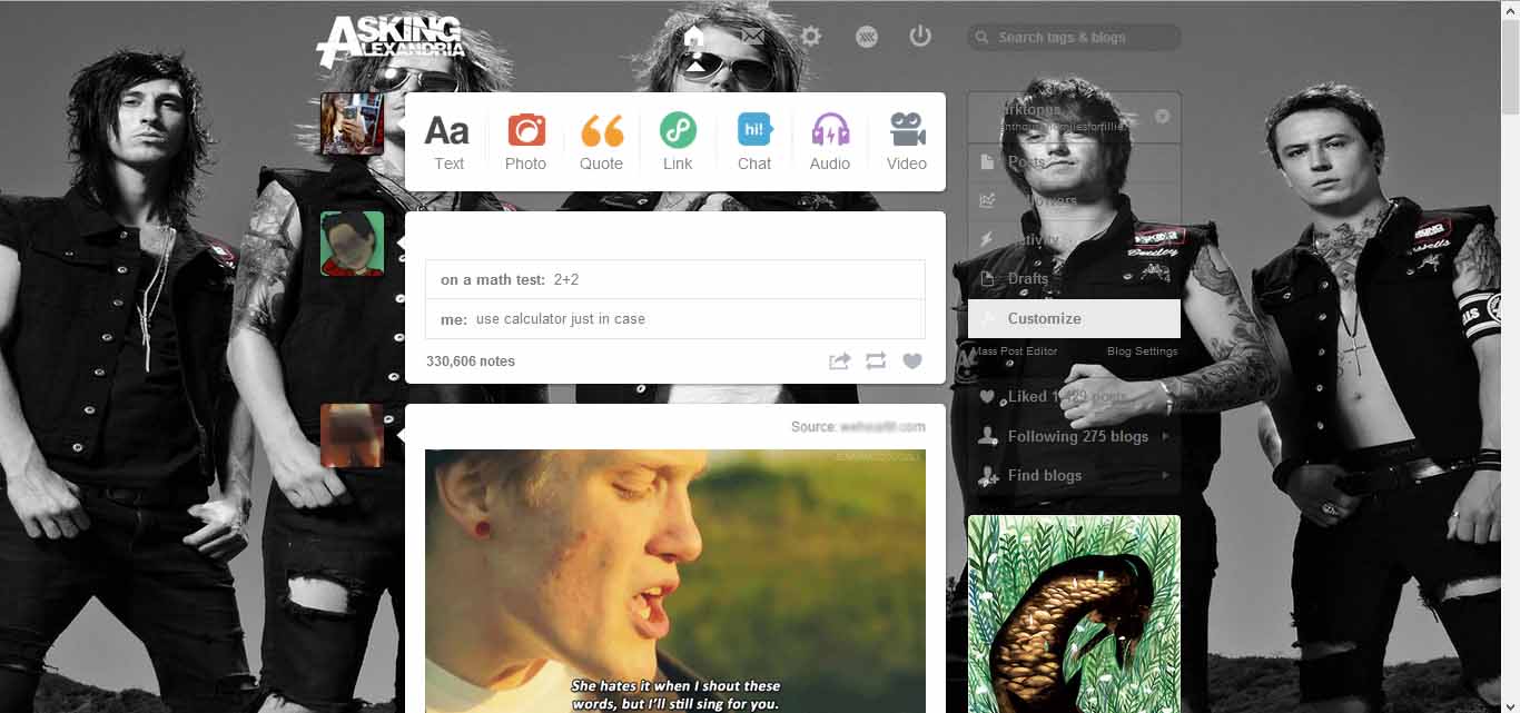 Asking Alexandria Tumblr Theme Dashboard