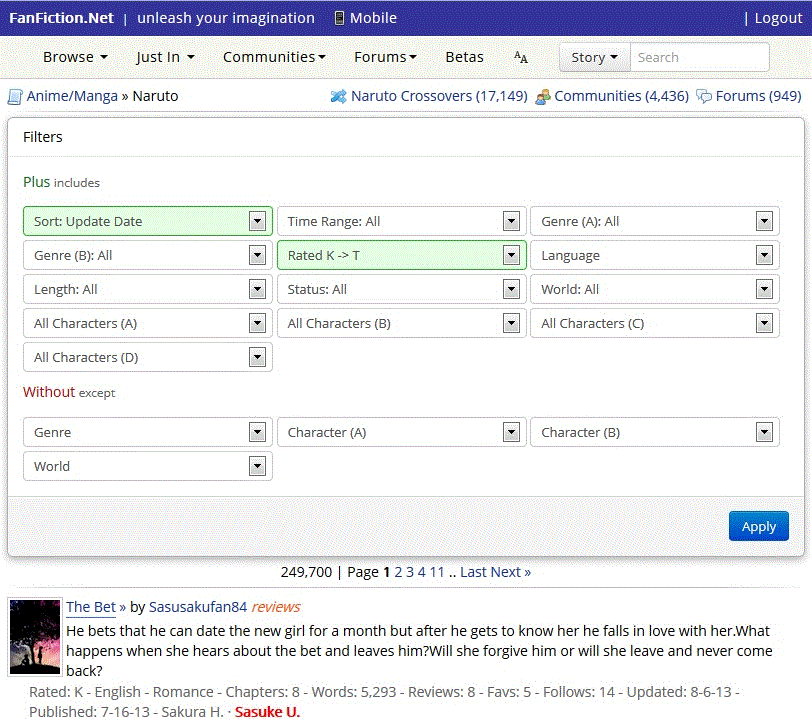 Fanfiction.net - Force site to show story filters.