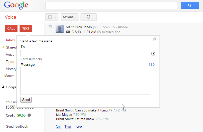 Google Voice Roomy Send Text Message Box