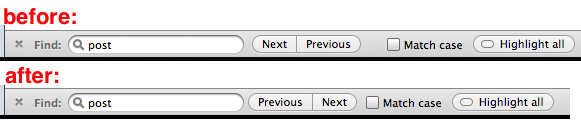 Swap Next & Previous buttons in Quick Find bar OSX