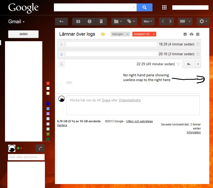 Hide right hand pane in Gmail