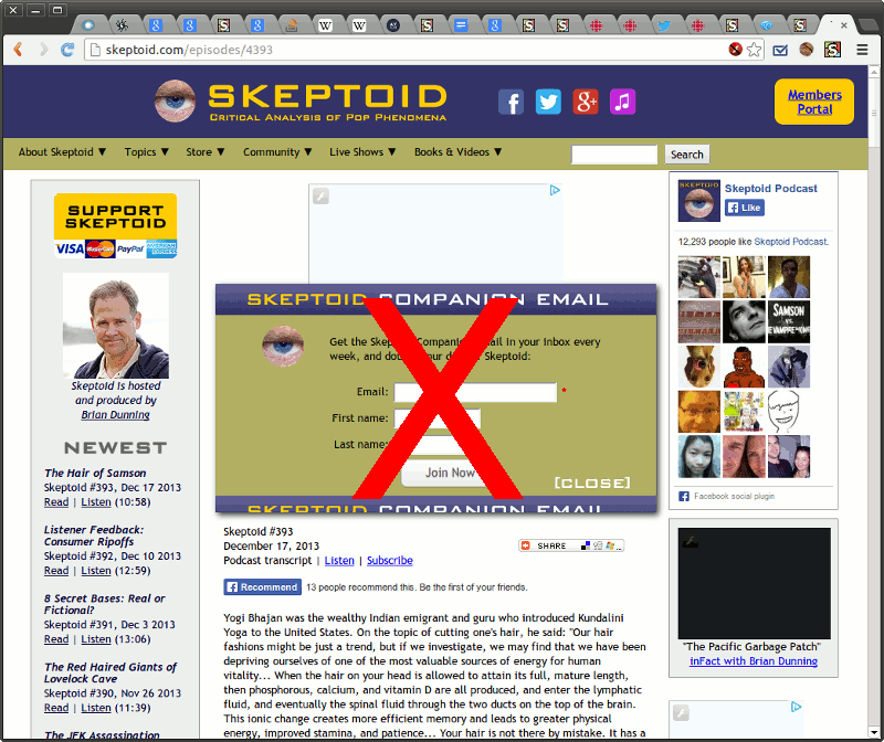 Skeptoid.com - remove e-mail signup overlay