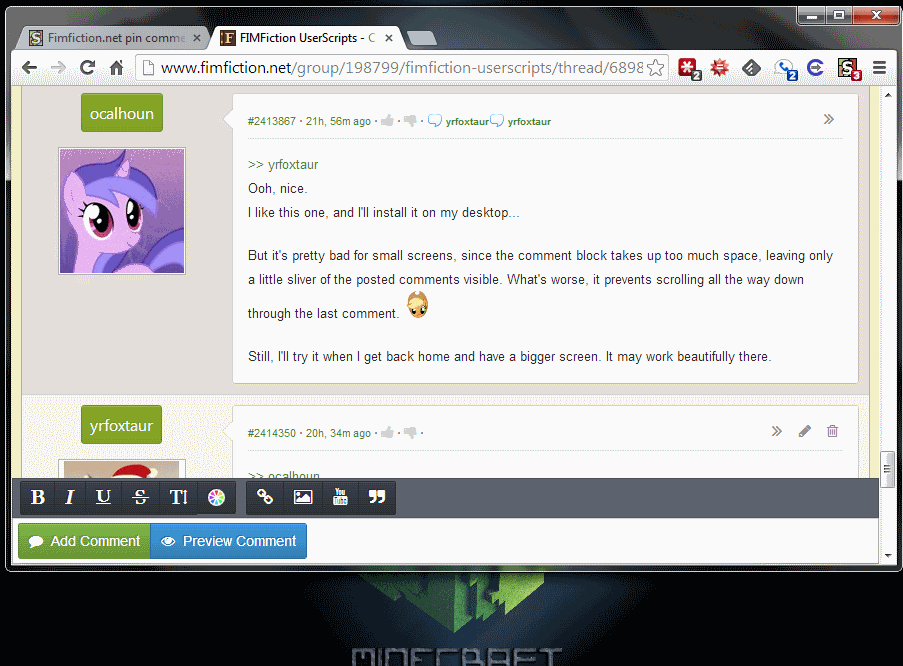 Fimfiction.net pin comment form to window