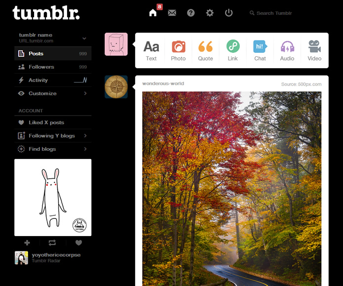 Tumblr dashboard: Dark and Left Sidebar