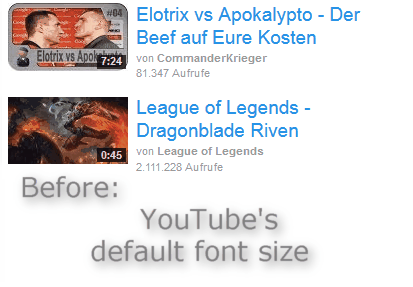 YouTube custom size/small text (right bar)