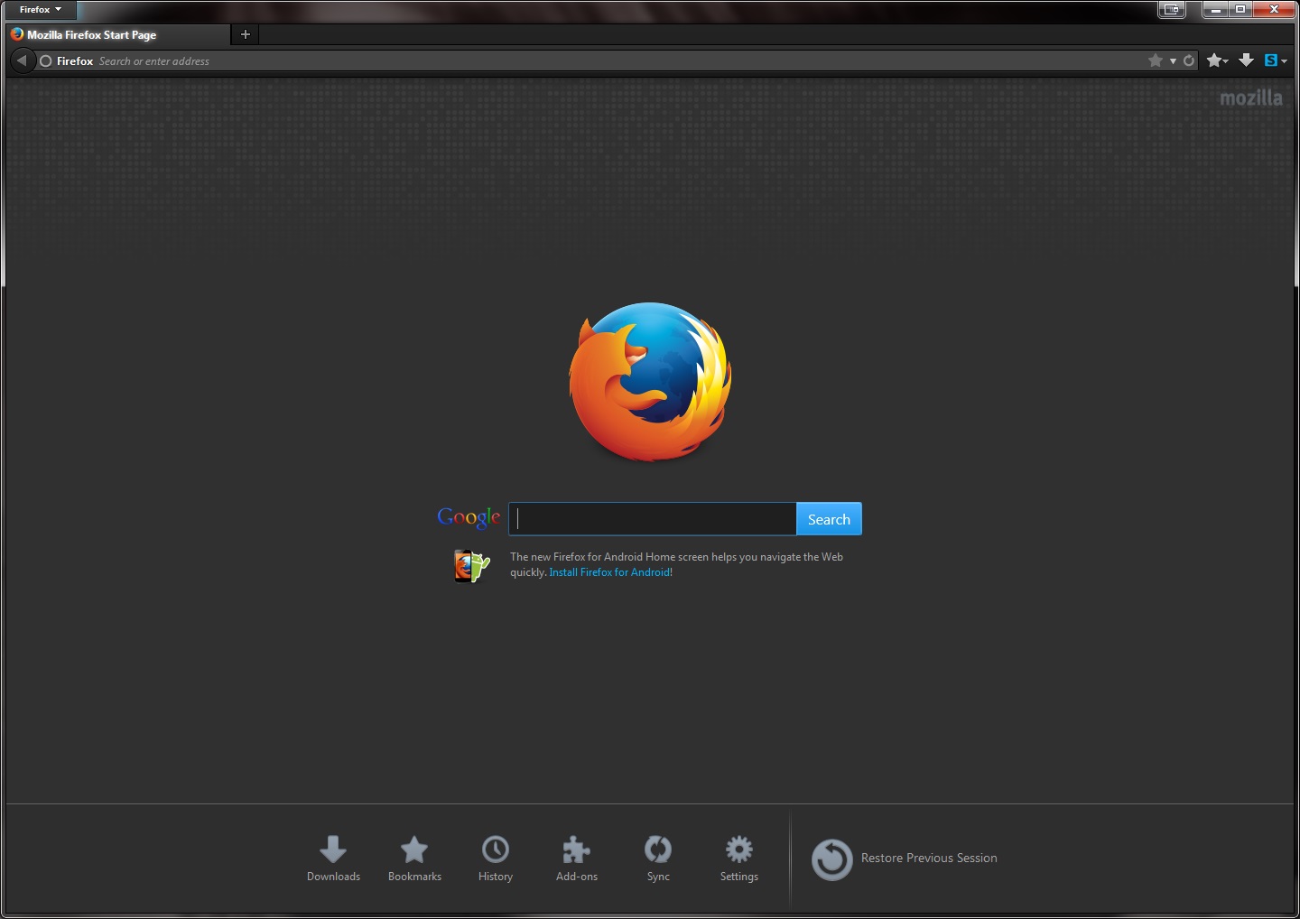 Dark Mozilla Firefox Start Page