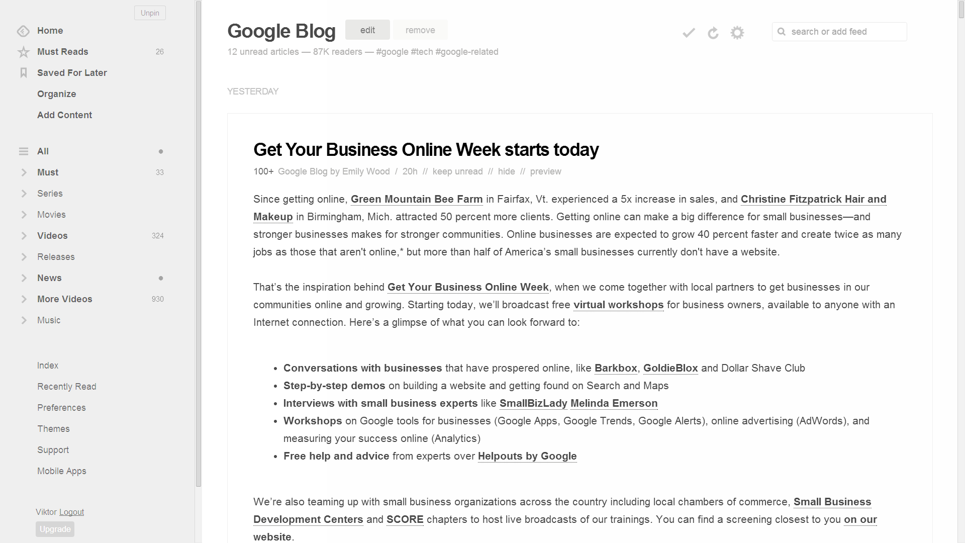 Feedly - No Right Sidebar - Full Width Articles