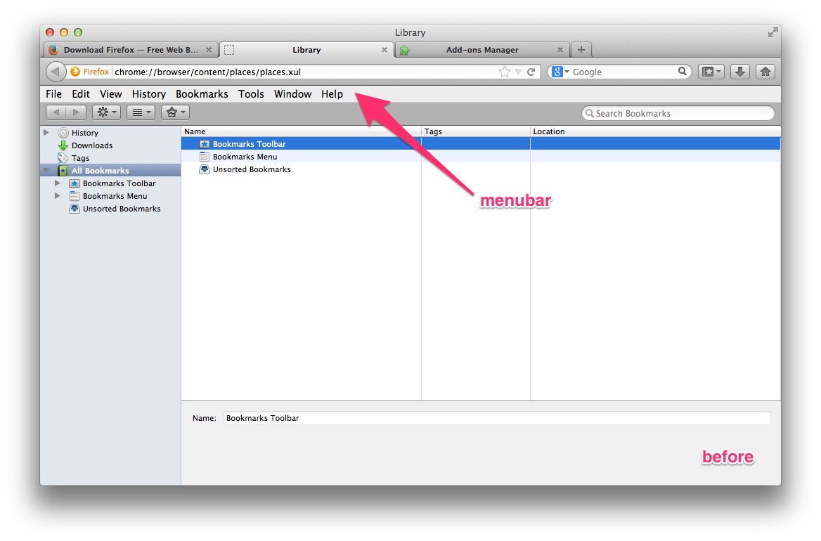 Firefox Mac hide menubar in tab